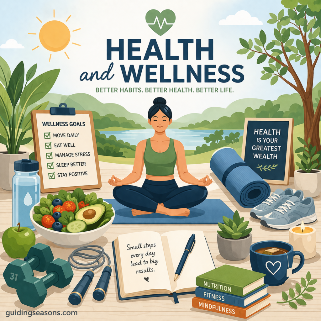 Flat illustration of a woman meditating outdoors surrounded by healthy food, fitness equipment, and wellness items representing balanced lifestyle, mental clarity, and physical health.
