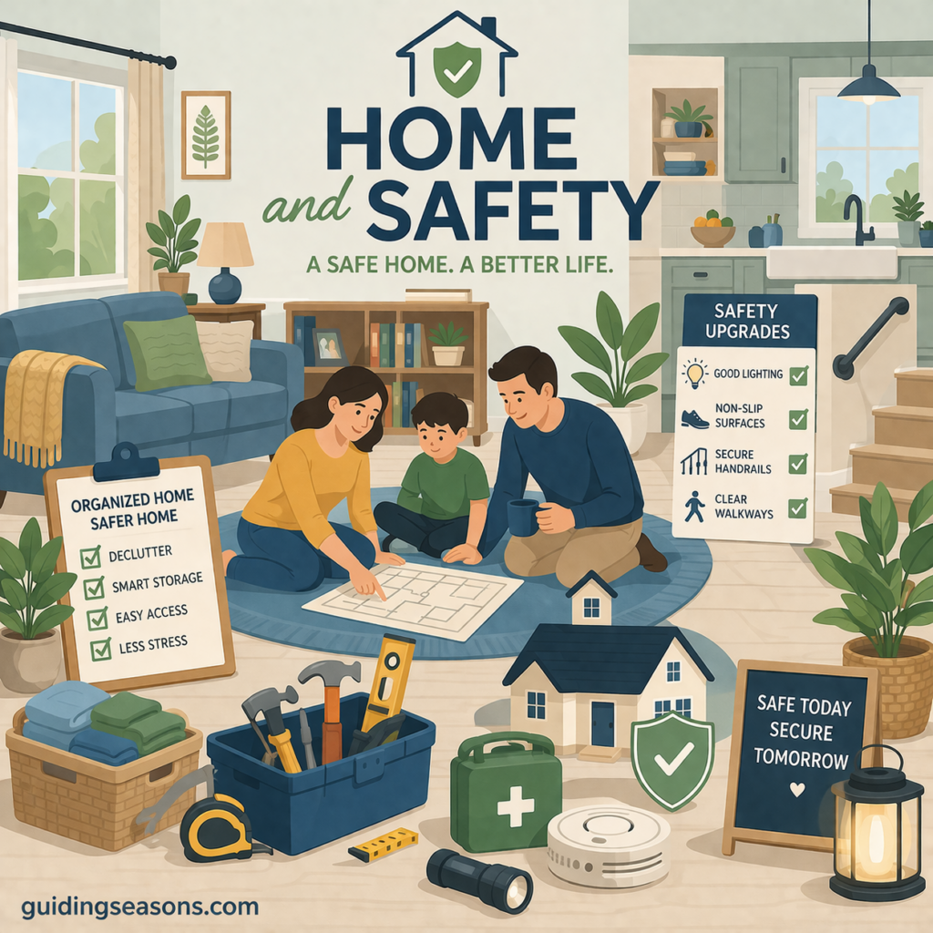 Flat illustration of a family improving home safety with organized spaces, tools, and safety upgrades like lighting, non-slip surfaces, and accessible layout.