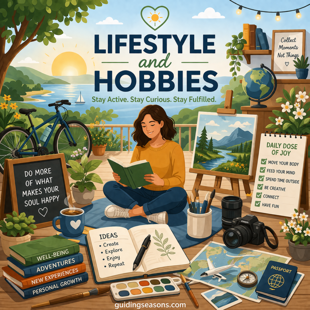 Flat illustration of a woman enjoying hobbies like reading, painting, and outdoor activities representing a balanced lifestyle, creativity, and personal fulfillment.
