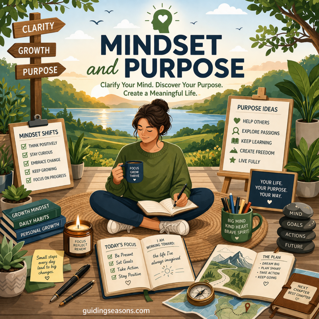 Flat illustration of a woman reflecting and journaling outdoors surrounded by symbols of growth, goals, and purpose representing mindset development and life direction.