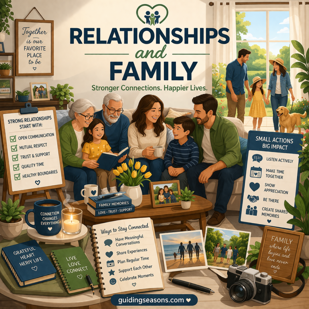 Flat illustration of a multigenerational family spending quality time together, representing strong relationships, communication, and emotional connection.