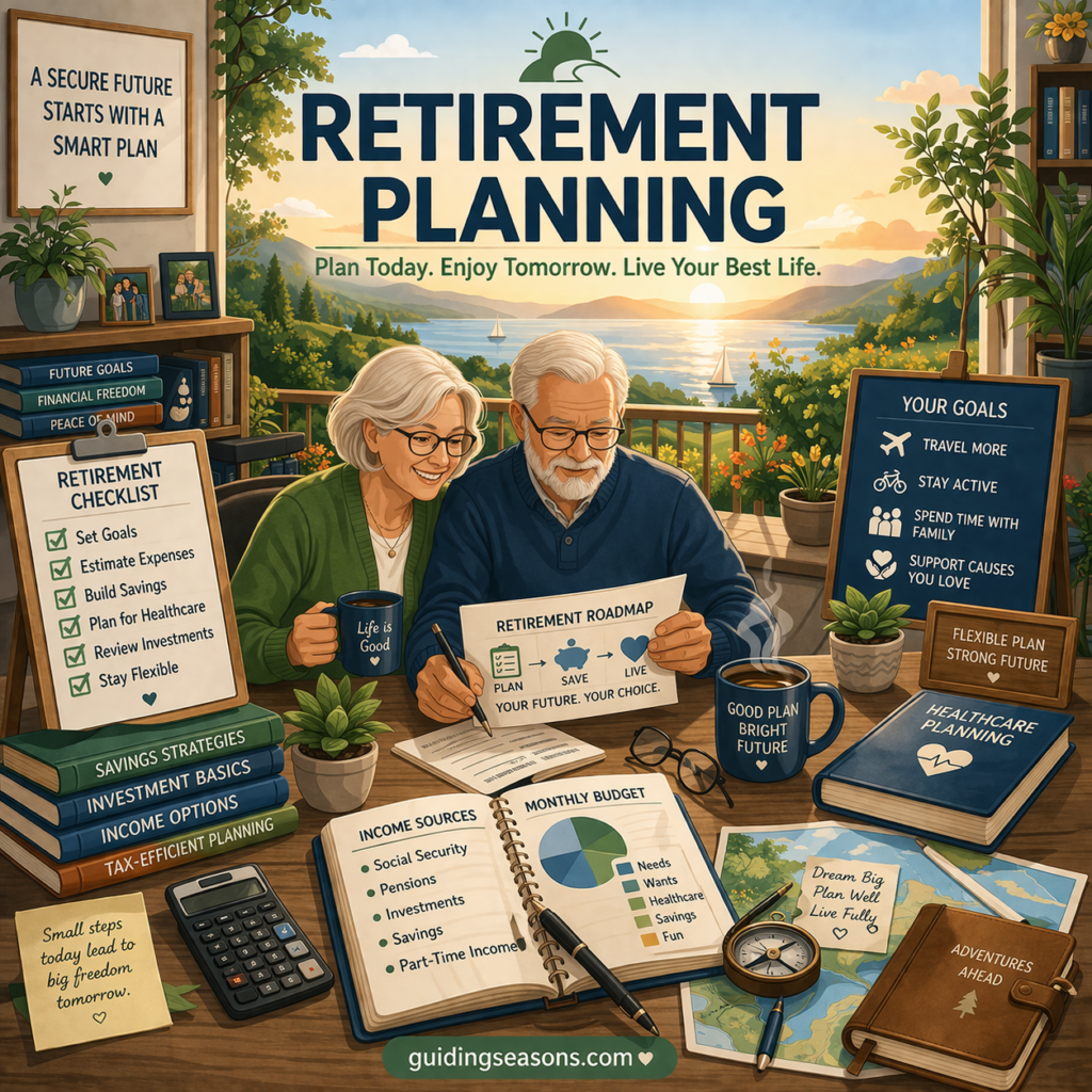Flat illustration of an older couple planning retirement finances with charts, savings plans, and goals representing financial security and future planning.