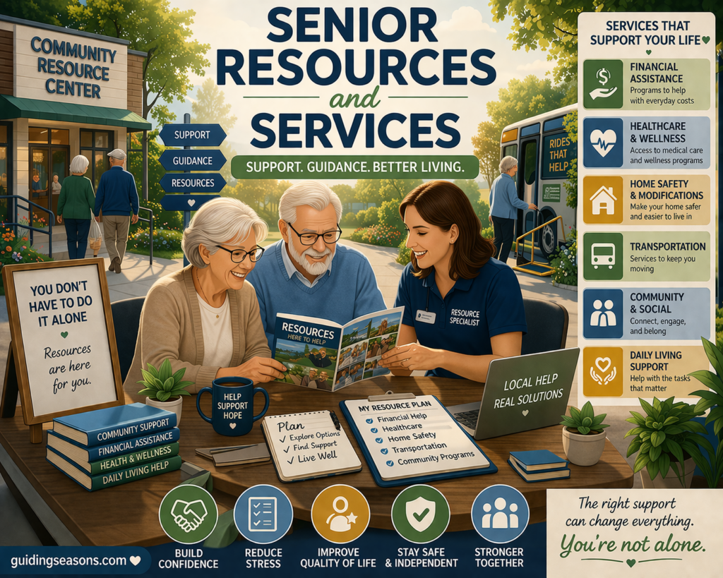 Flat illustration of seniors receiving support at a community resource center with icons for healthcare, financial assistance, transportation, and daily living services.
