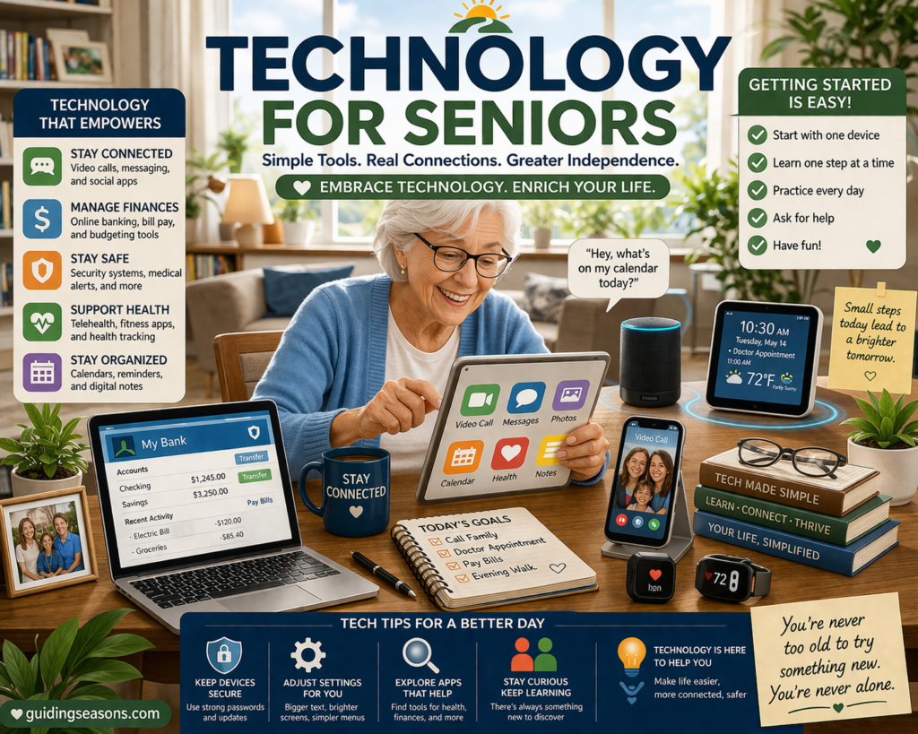 Flat illustration of a senior woman using a tablet with smart devices, apps, and digital tools representing technology for communication, safety, and daily organization.