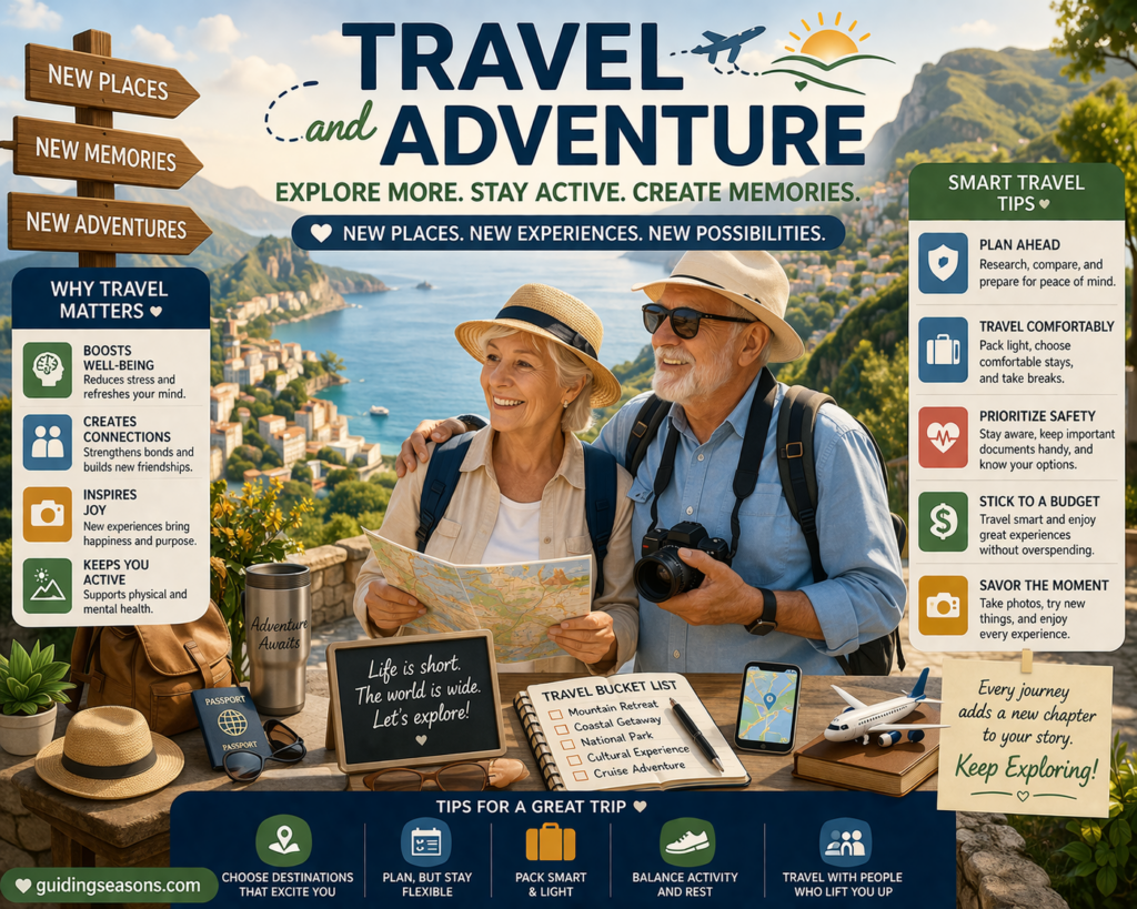 Flat illustration of a senior couple exploring a scenic destination with a map and travel gear representing adventure, travel planning, and active lifestyle.